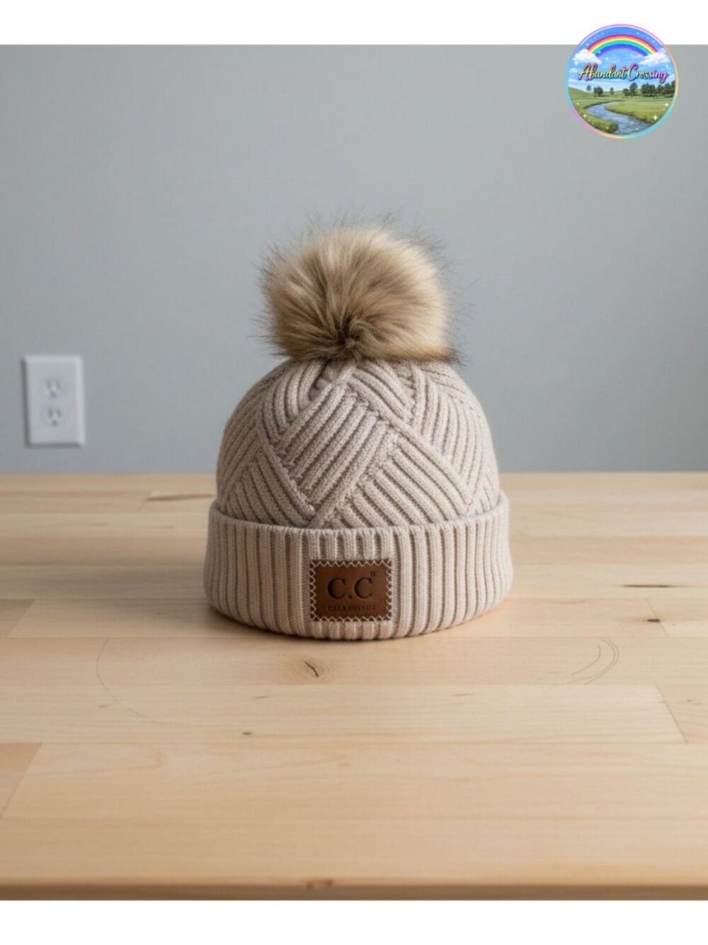 Women's Soft Knit Beanie with Faux Fur Pom, Acrylic, Stretchy Winter Hat